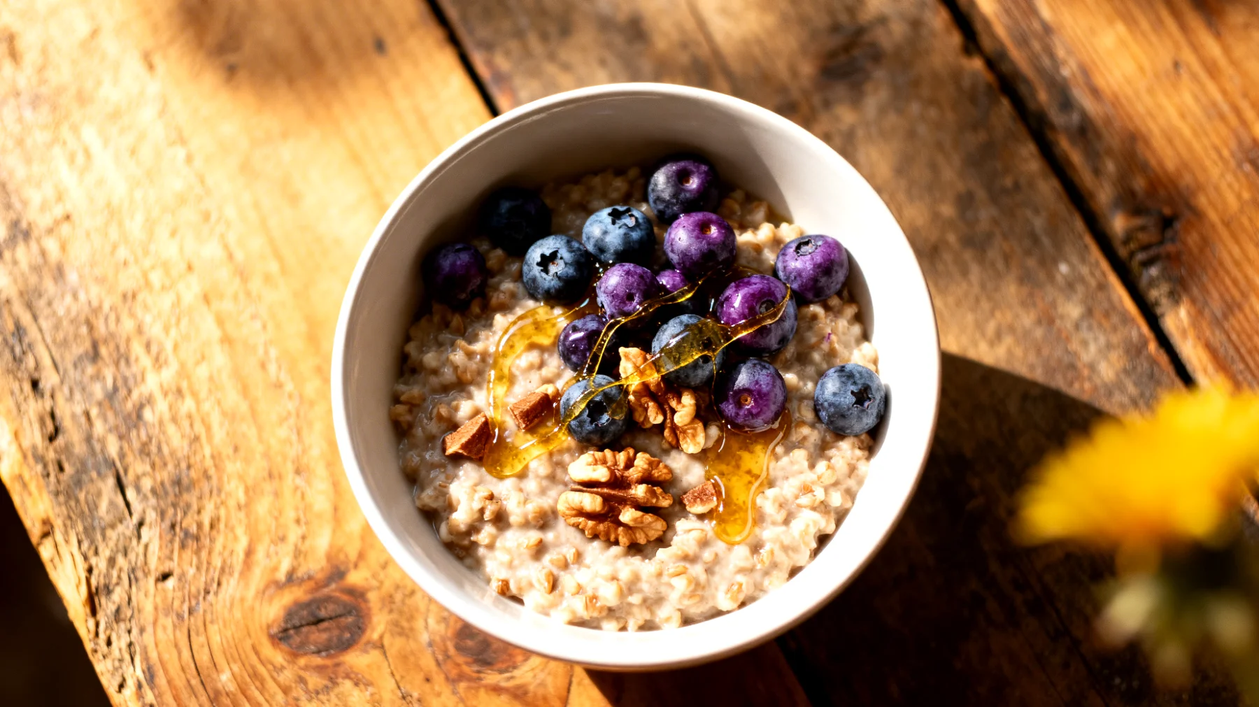Buchweizen-Walnuss-Porridge mit fermentierten Blaubeeren und Löwenzahnhonig"